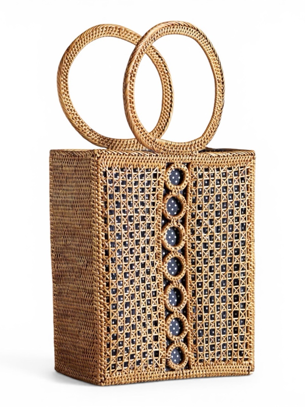 Anthropologie Bali Woven Rattan Tote Bag Navy Polka Dot Lining NWOT Straw